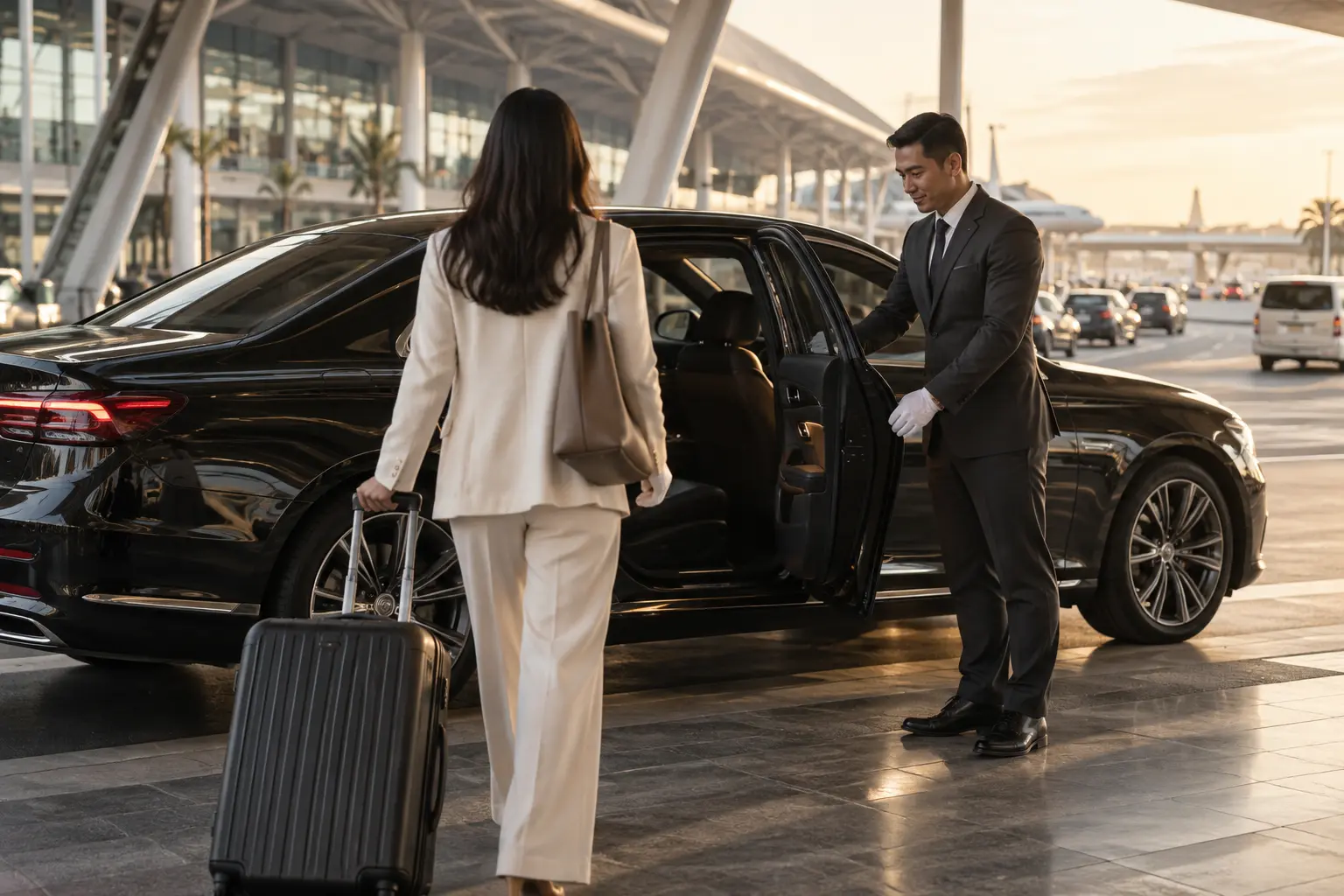 Chauffeur welcoming a traveller beside an executive car — AI-generated service illustration