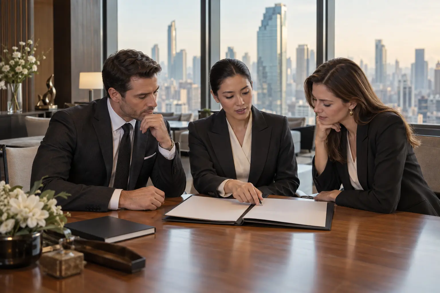Business visitors reviewing arrangements with a coordinator — AI-generated service illustration