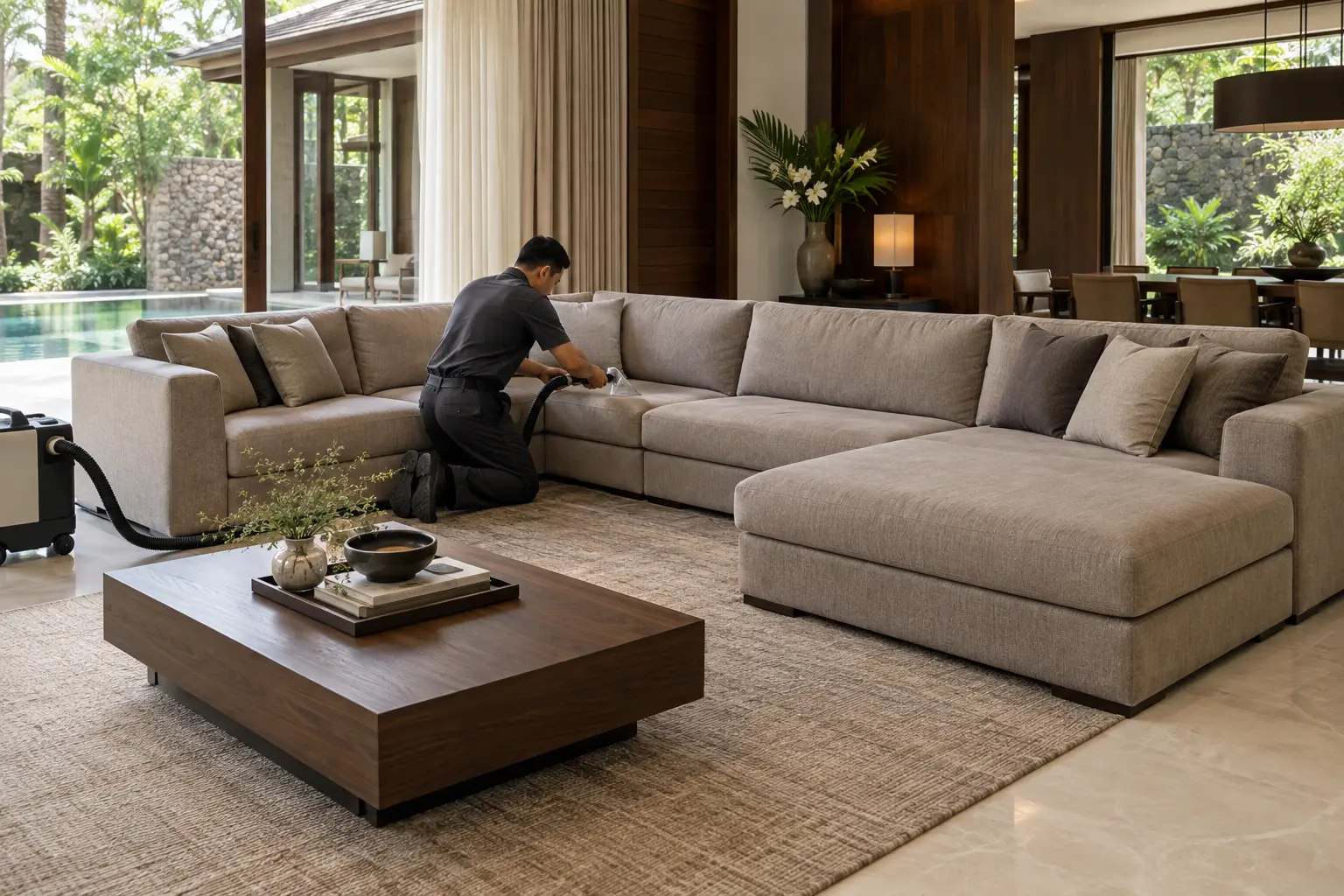 Technician caring for a large corner sectional sofa — AI-generated service illustration