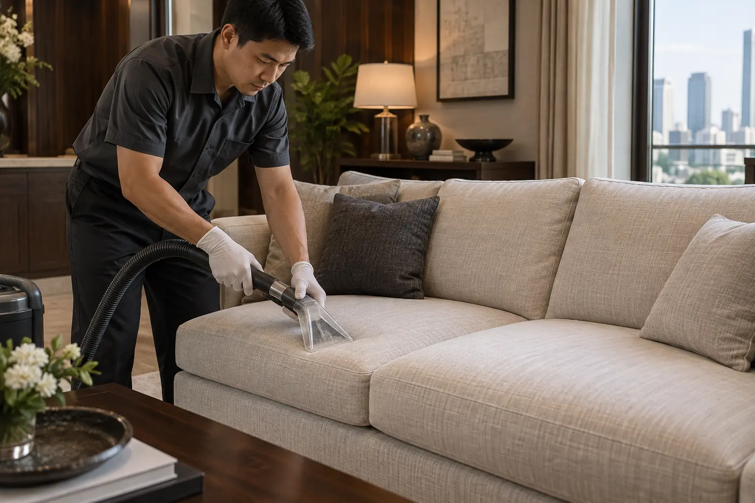 Technician cleaning a woven-fabric sofa with an upholstery tool — AI-generated service illustration