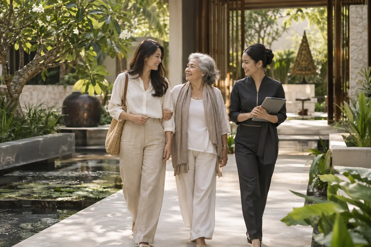 Family accompaniment in a tranquil wellness reception garden — AI-generated service illustration