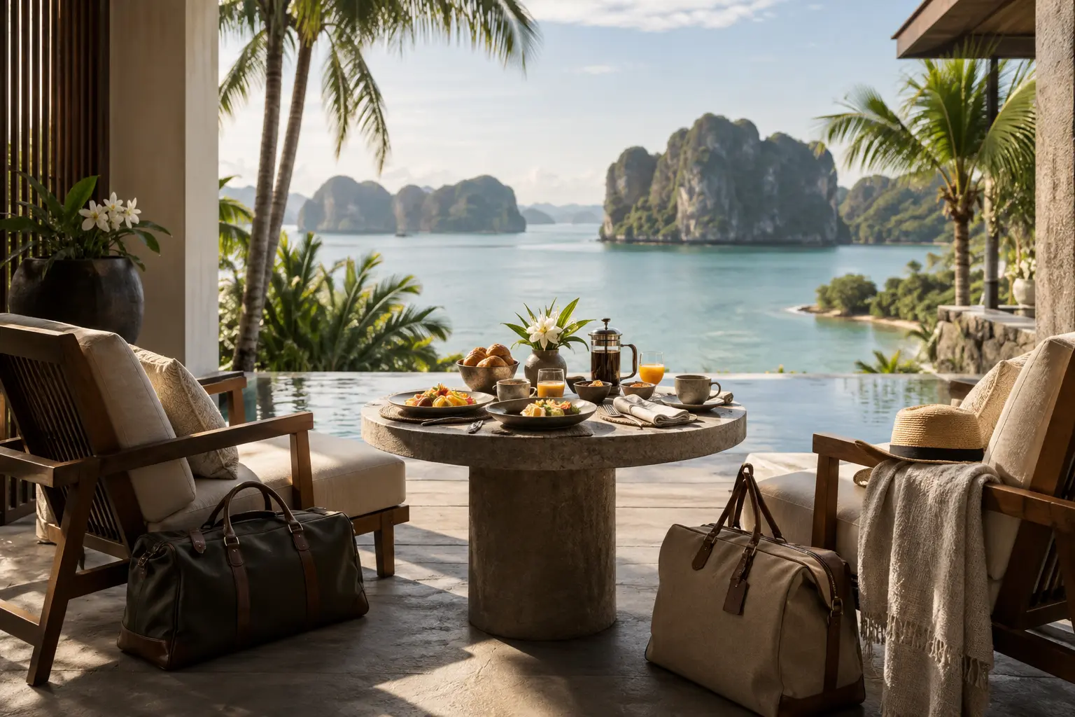 Tropical travel setting with breakfast overlooking a Thai bay — AI-generated service illustration