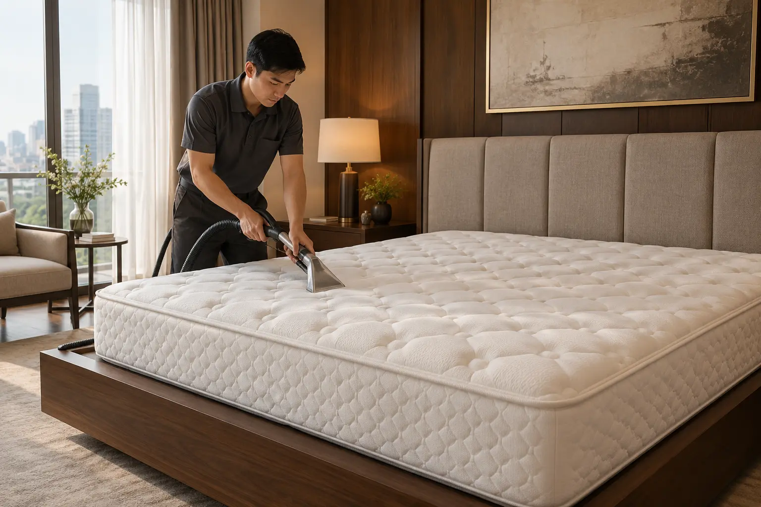 Technician caring for a bare quilted mattress — AI-generated service illustration