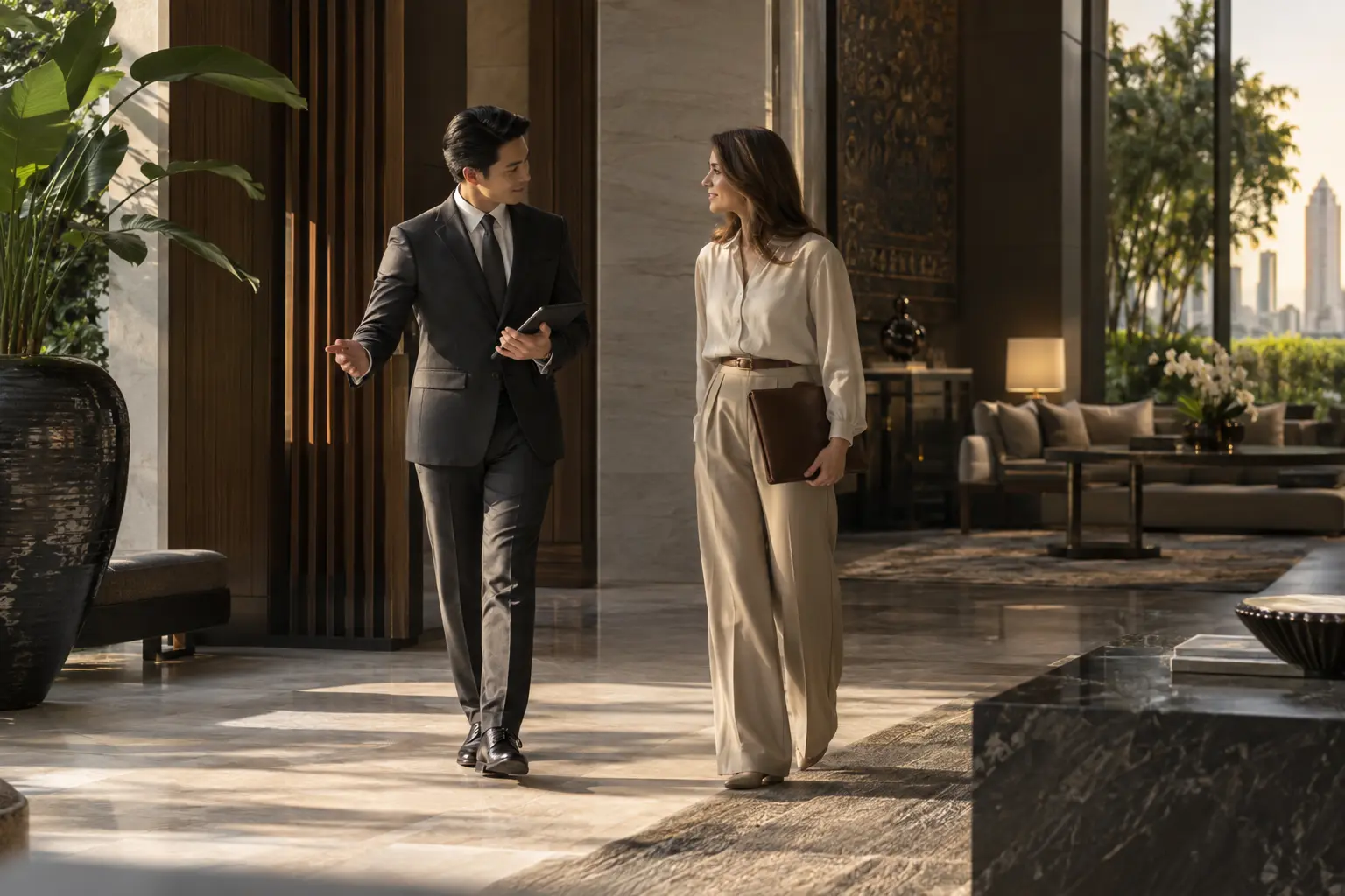 Private assistant welcoming a client in a Bangkok residence lobby — AI-generated service illustration