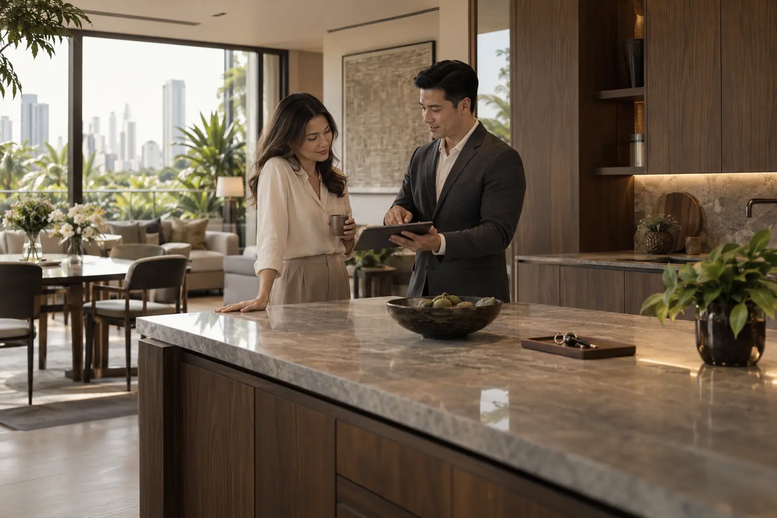 Residence coordinator reviewing home arrangements with a homeowner — AI-generated service illustration