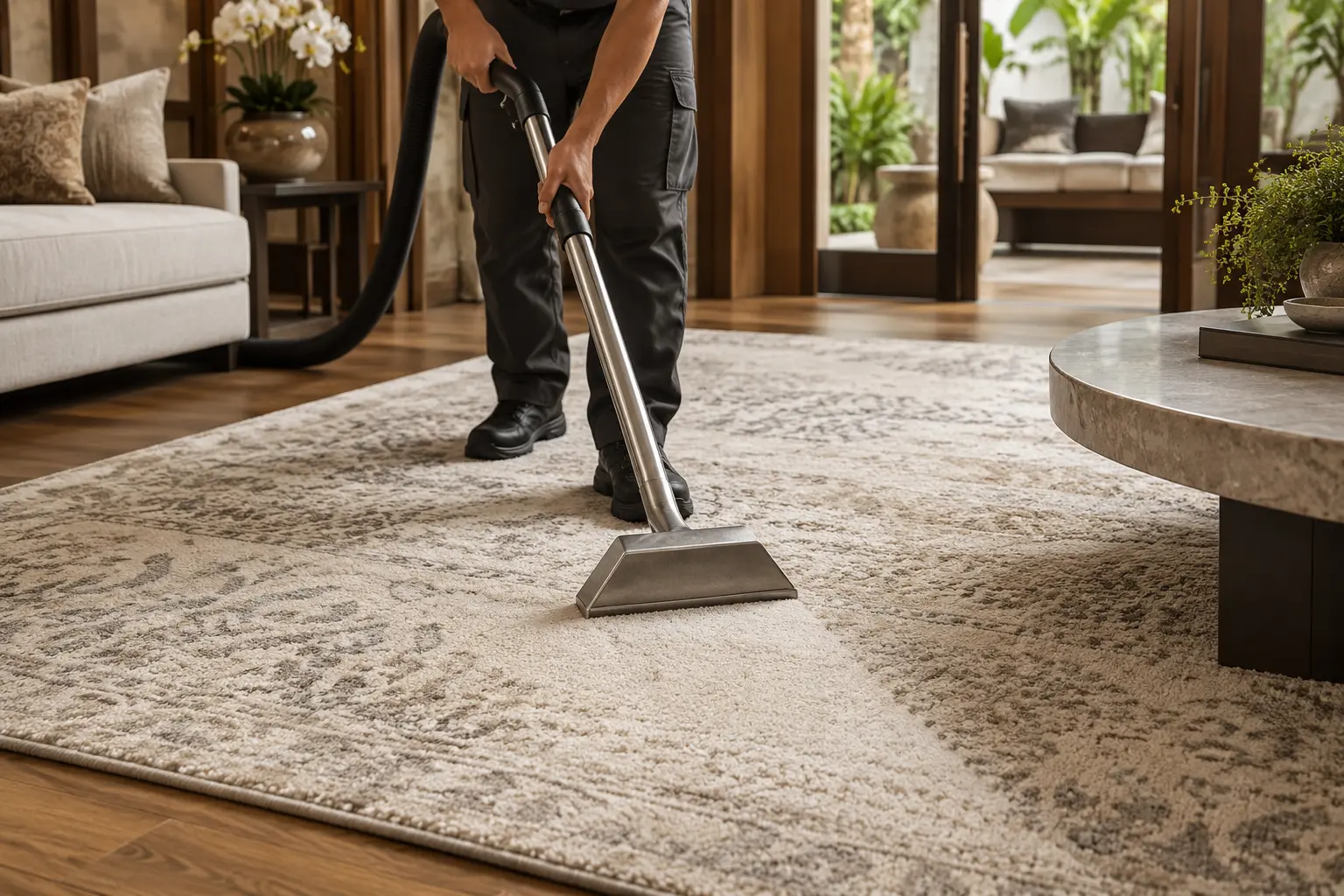 Technician cleaning an area rug with a carpet extraction wand — AI-generated service illustration